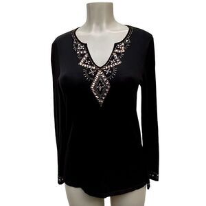 Sweater Works Blouse Women's Size M Black V-Neck Beaded Embroidery Top